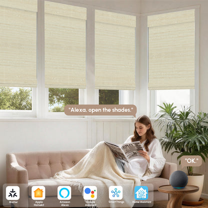 Kincmo Motorized Woven Wood Shades 50%/70%/100% Blackout - Natural Rustic