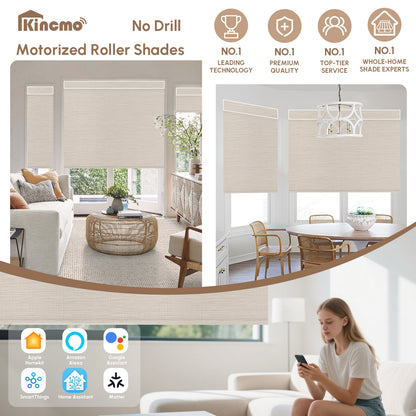 Kincmo No Drill Roller Shades, Motorized 100% Blackout - Weave