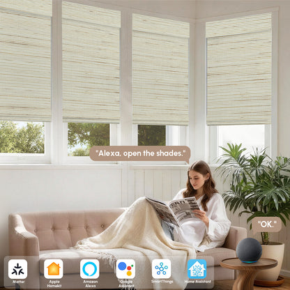 Kincmo Natural Jute Motorized Woven Wood Shades 50%/70%/100% Blackout - Designer
