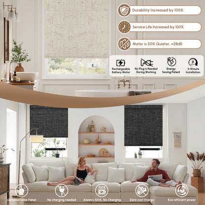 Kincmo No Drill & Drill Roller Shades, Motorized 100% Blackout - All Colors