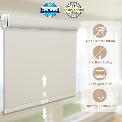 Kincmo No Drill Cordless Roller Shades 100% Blackout - Pure