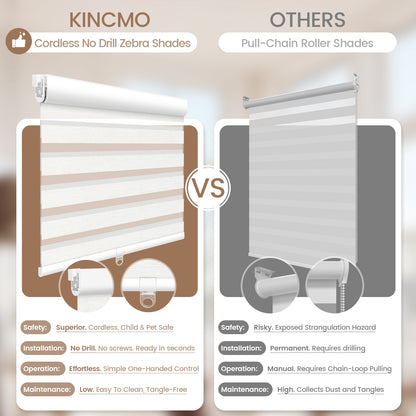Kincmo No Drill Cordless Zebra Shades 60%/75% Blackout - Monet