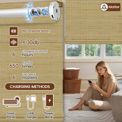Kincmo Motorized Woven Wood Shades 50%/70%/100% Blackout - Organic Texture