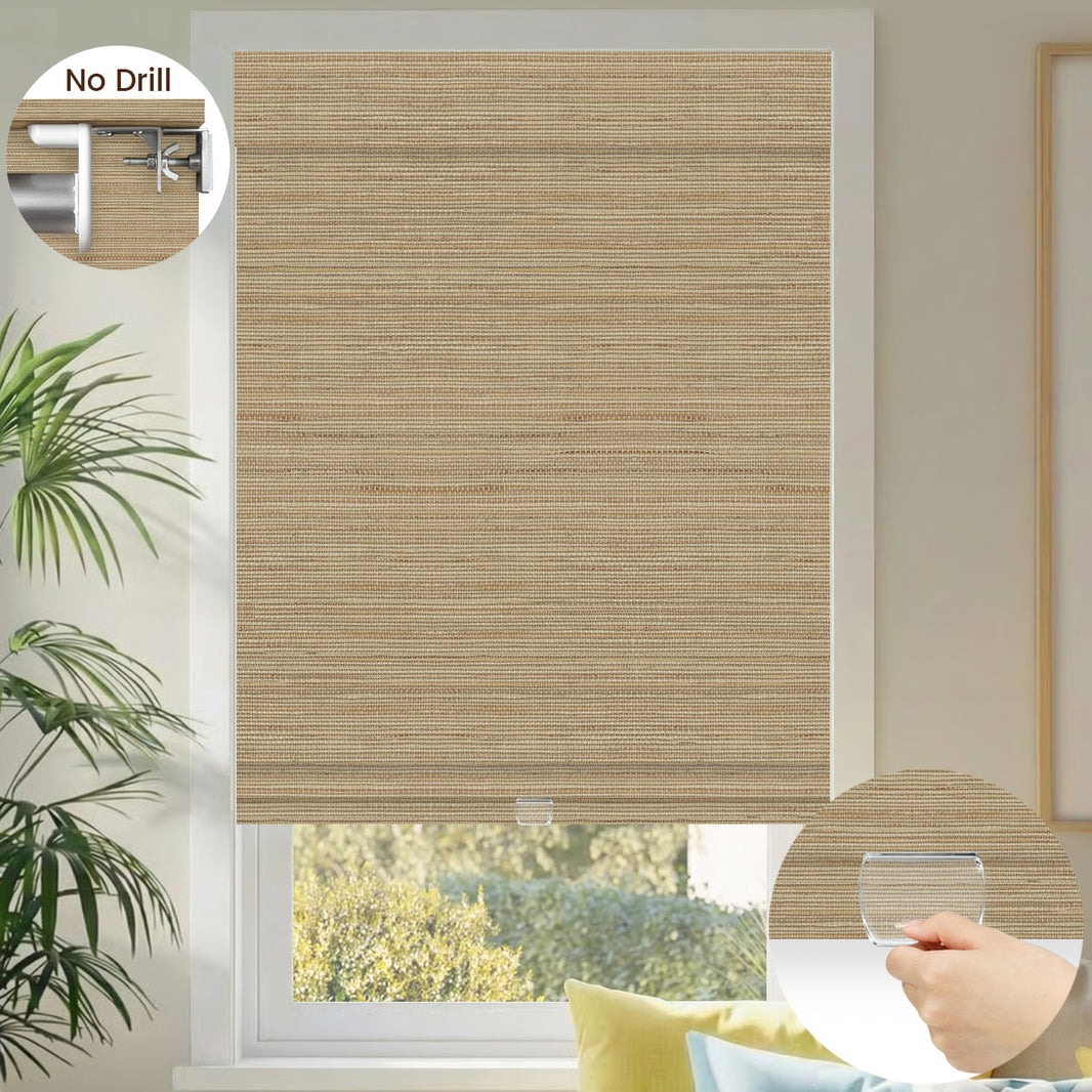 Kincmo No Drill Cordless Woven Wood Shades 50%/70%/100% Blackout - Natural Rustic