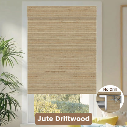 Kincmo No Drill Woven Wood Shades, Motorized 50%/70%/100% Blackout - Natural Rustic