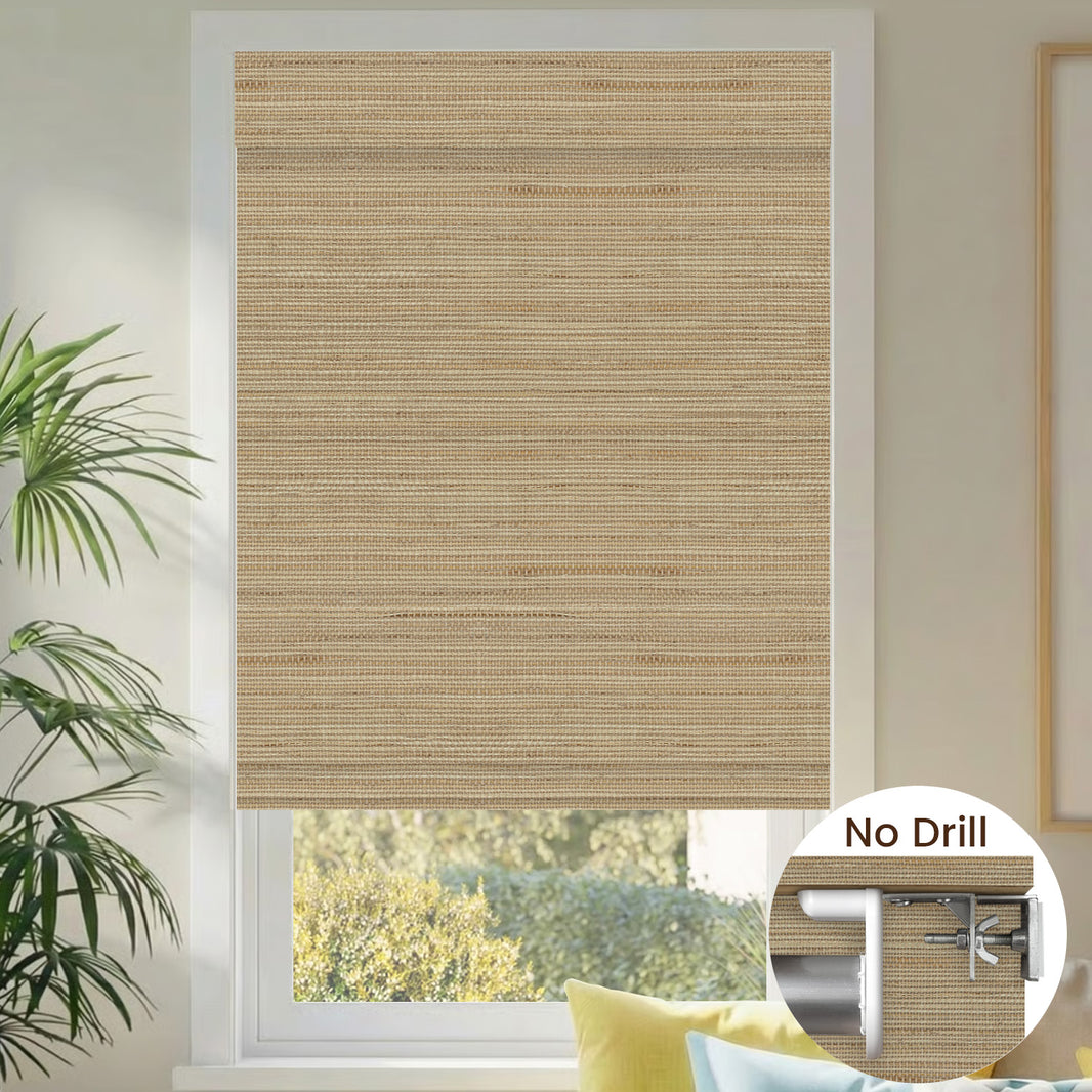 Kincmo No Drill Woven Wood Shades, Motorized 50%/70%/100% Blackout - Natural Rustic