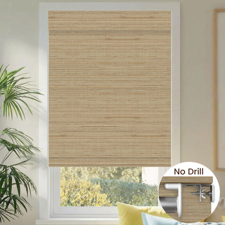 Kincmo No Drill Woven Wood Shades, Motorized 50%/70%/100% Blackout - Natural Rustic