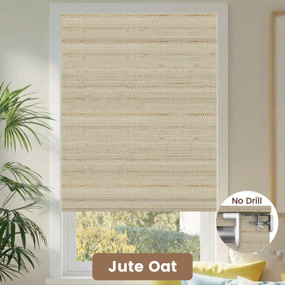 Kincmo No Drill Woven Wood Shades, Motorized 50%/70%/100% Blackout - Natural Rustic