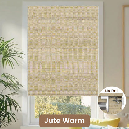 Kincmo No Drill Woven Wood Shades, Motorized 50%/70%/100% Blackout - Natural Rustic