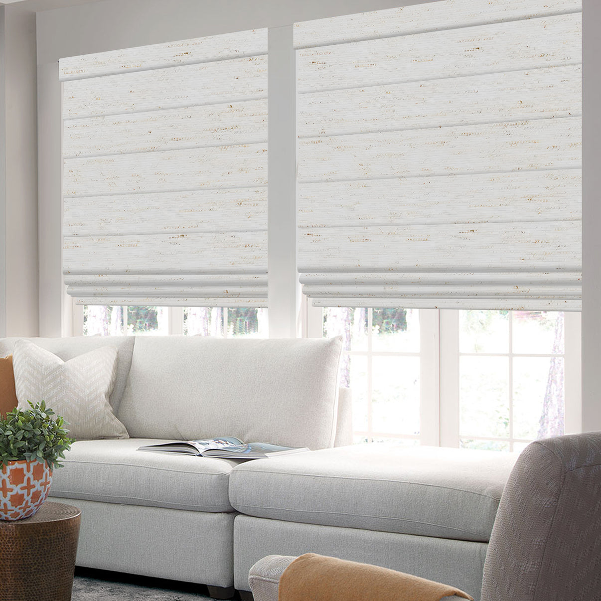 white linen roman blinds