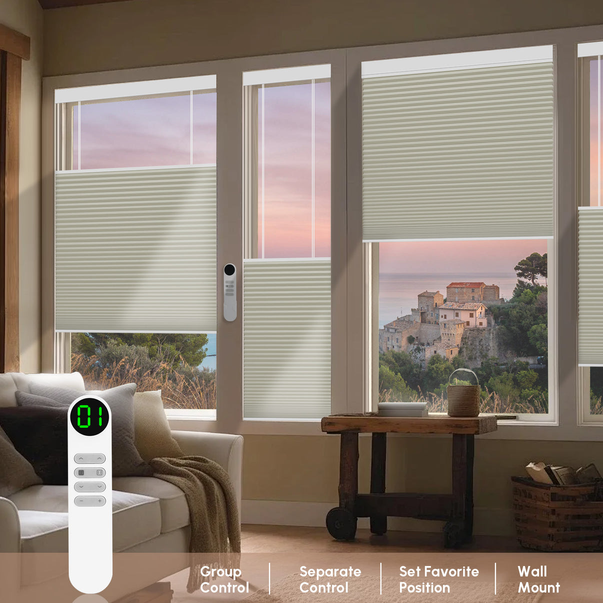 Living room with TDBU blinds and a remote control