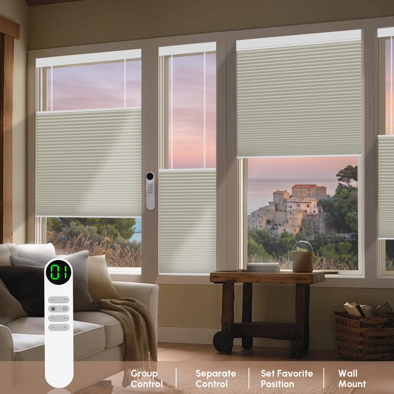 Living room with TDBU blinds and a remote control